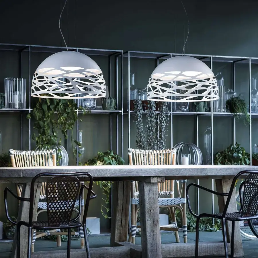 Superior Lodes Kelly Dome suspension lamp with interwoven laser-cut design in matte white finish