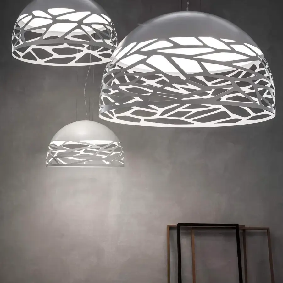 Distinguished Lodes Kelly Dome suspension lamp with laser-cut details in glossy white glass and matte white metal structure