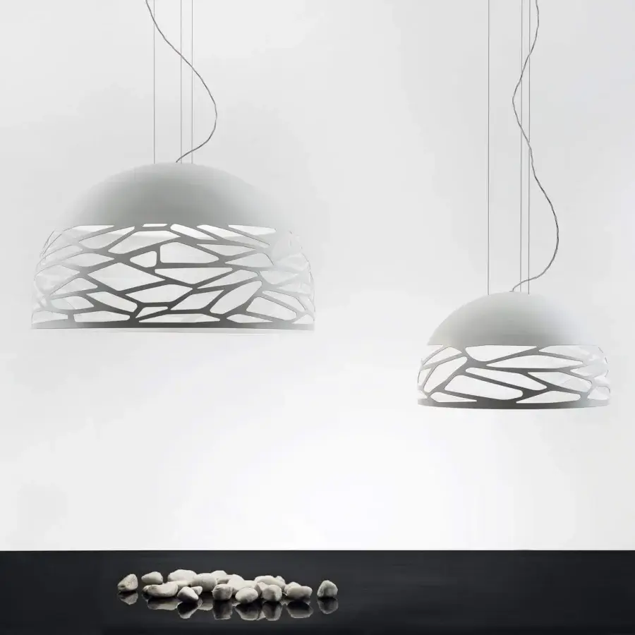 Superior Lodes Kelly Dome suspension lamp with laser-cut details in matte white metal and glossy white glass diffuser