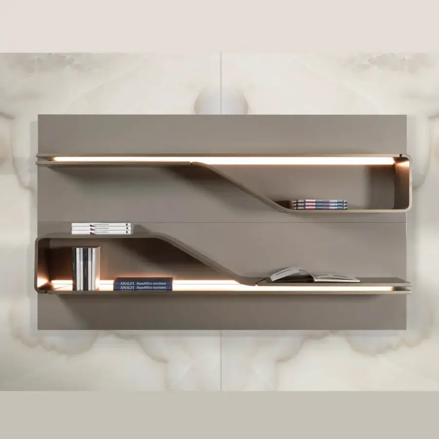 Exceptional Reflex Segno shelf with wooden structure and shelving in a smooth matte taupe or light gray finish enhanced with integrated lighting