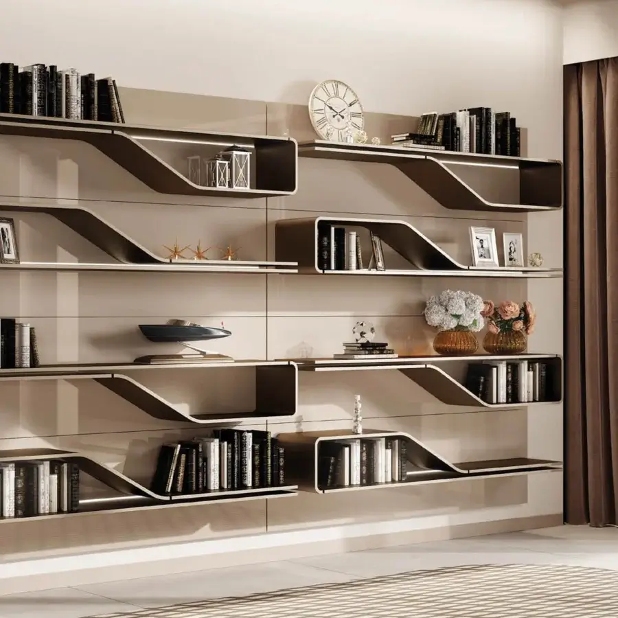 Superior Reflex Segno shelf bookcase with wooden structure and shelving in a smooth matte light beige finish