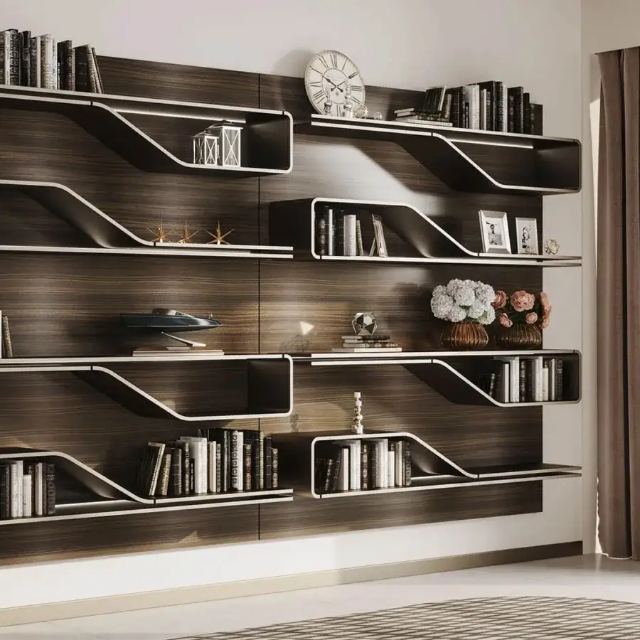 Distinguished Reflex Segno shelf bookcase with interlocking wooden shelving in a smooth matte dark brown finish and wood-grain paneling