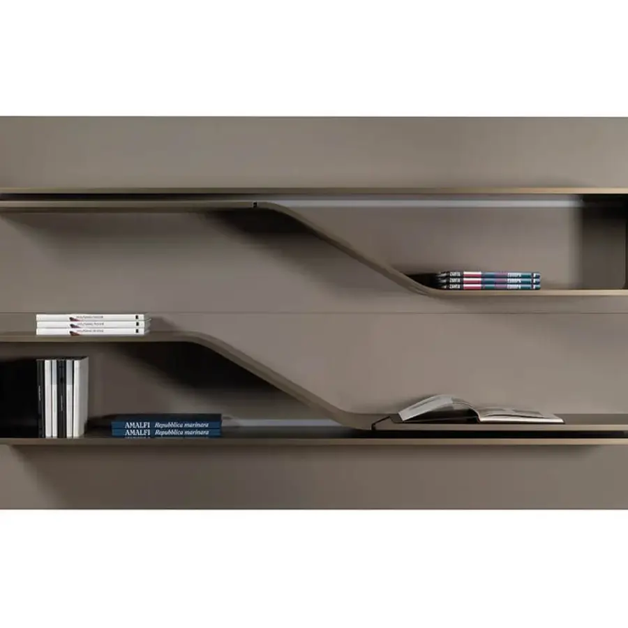 Superior Reflex Segno shelf bookcase with interlocking wooden shelving in a neutral grayish-brown matte finish