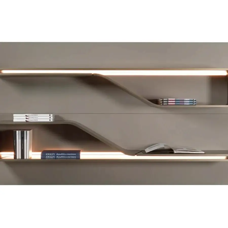 Distinctive Reflex Segno shelf bookcase with a wave-like wooden structure and integrated lighting in taupe, crafted in Italy