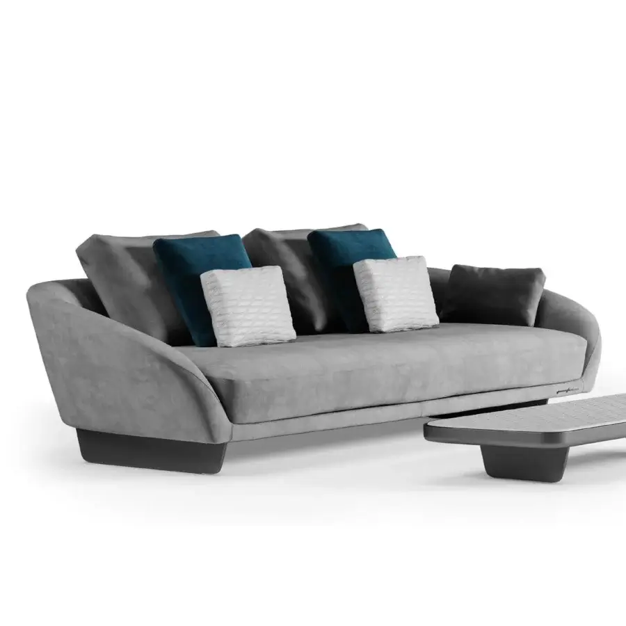 Superior Reflex Segno sofa crafted in gray suede-like textile with goose feather cushions and subtle metal legs