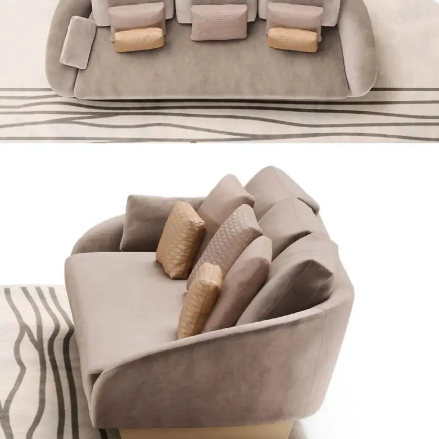 Superior Reflex Segno sofa crafted in Italy with light grayish-beige textile, goose feather cushions and satin-finish metal legs