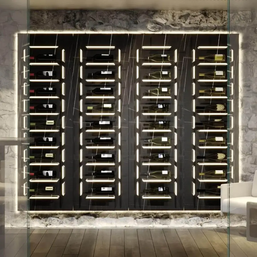Elegant Reflex Aurora wine rack with Marble Glass panels, transparent glass shelves and warm LED backlighting in a dark gray glossy finish