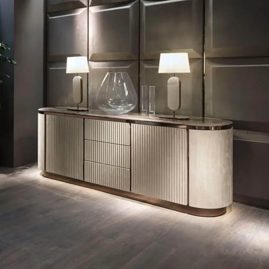 Distinguished DV Home Collection Hollywood sideboard crafted in Italy with beige leather drawers and marble-effect top surface