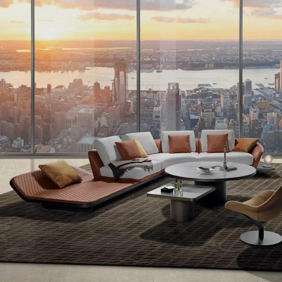 Superior Reflex Segno sofa chaise lounge with quilted Segno leather and bronze finished metal legs built with Canaletto Walnut