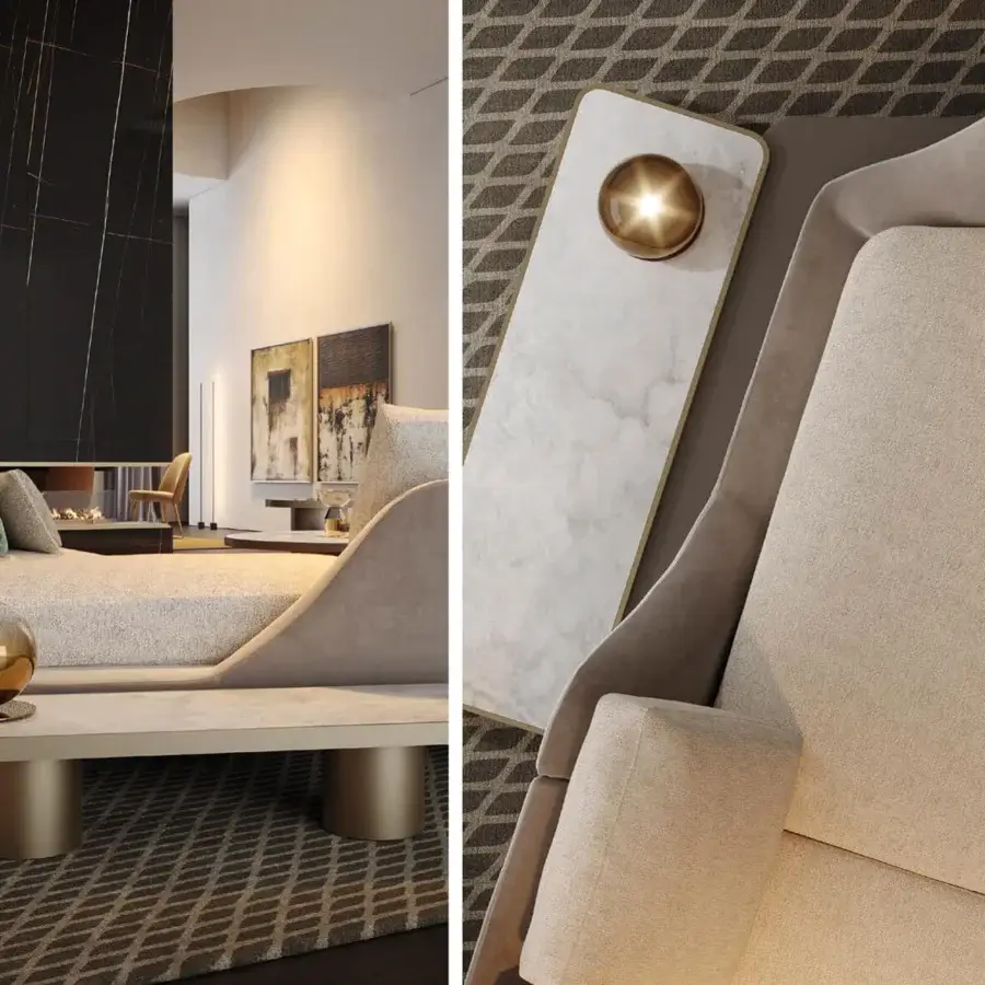 Exceptional Reflex Segno sofa chaise lounge upholstered in light beige Segno quilted leather with bronze finish and faux marble side table
