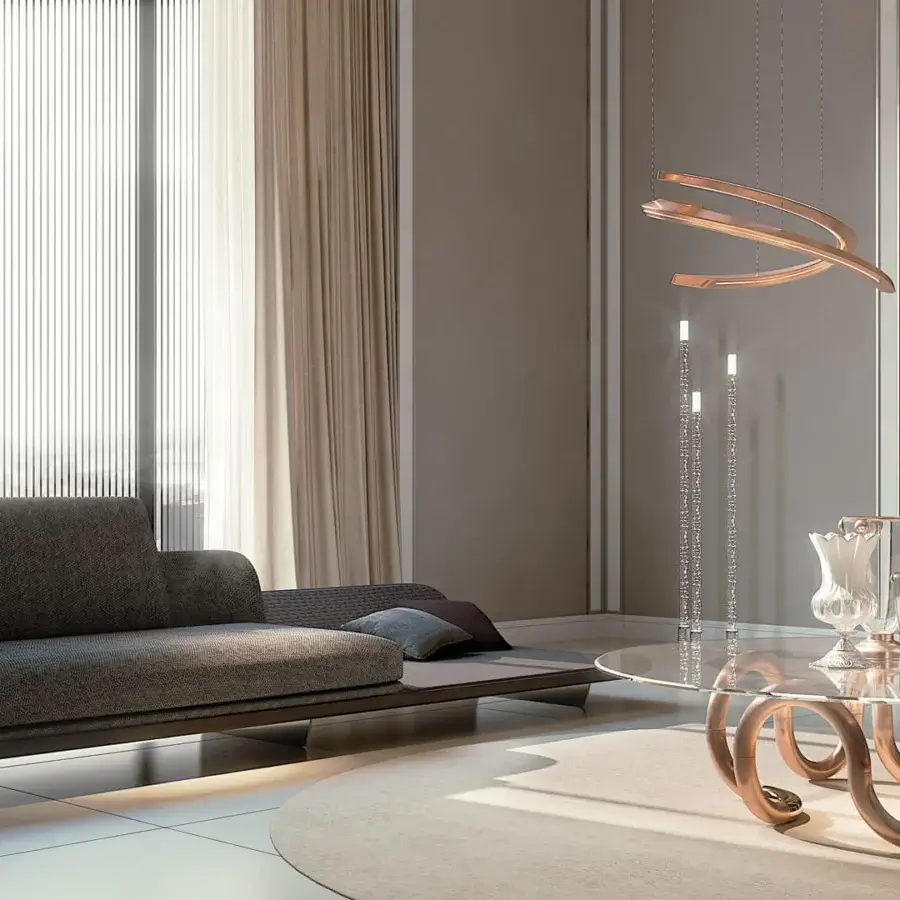Distinctive Reflex Segno sofa chaise lounge upholstered in muted gray woven fabric with Canaletto Walnut platform base