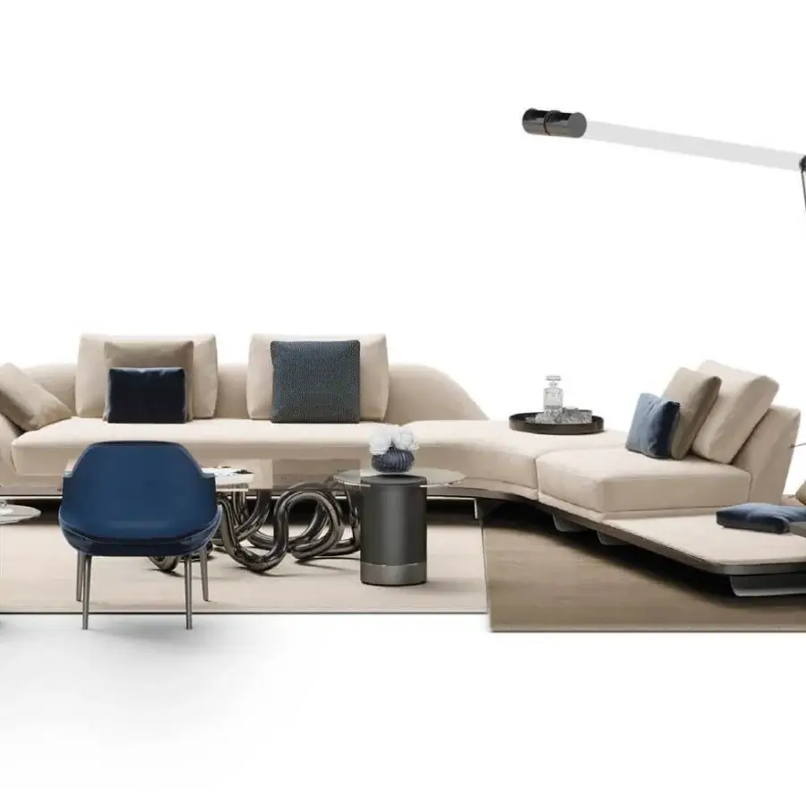 Elegant Reflex Segno sofa chaise lounge upholstered in light beige textile with a Canaletto Walnut platform