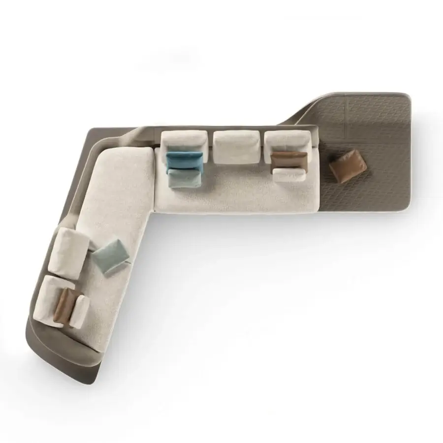 Lavish Reflex Segno sofa chaise lounge upholstered in light beige textile with bronze metal legs and Canaletto Walnut platform