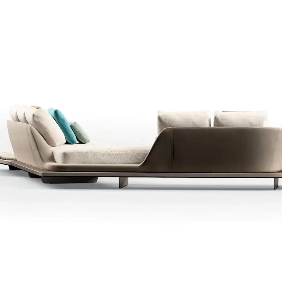 Distinguished Reflex Segno sofa chaise lounge upholstered in beige quilted Cat.C leather with Canaletto Walnut and bronze metal legs