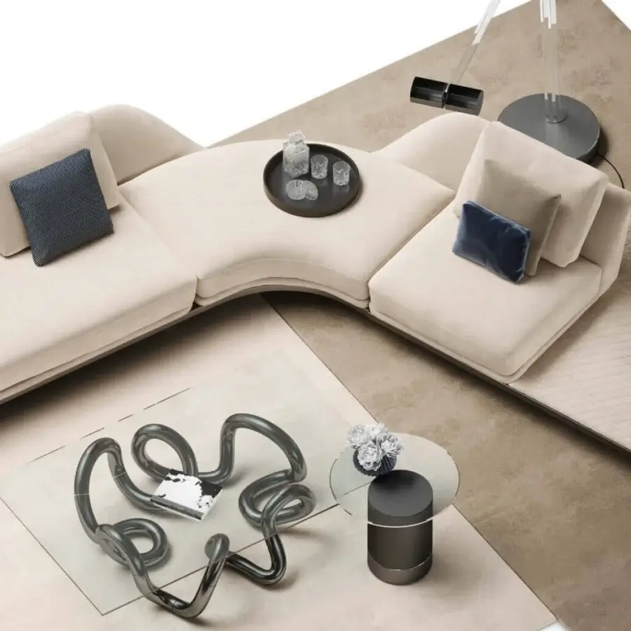 Lavish Reflex Segno sofa chaise lounge upholstered in light cream quilted Cat.C leather with bronze metal legs and Canaletto Walnut platform