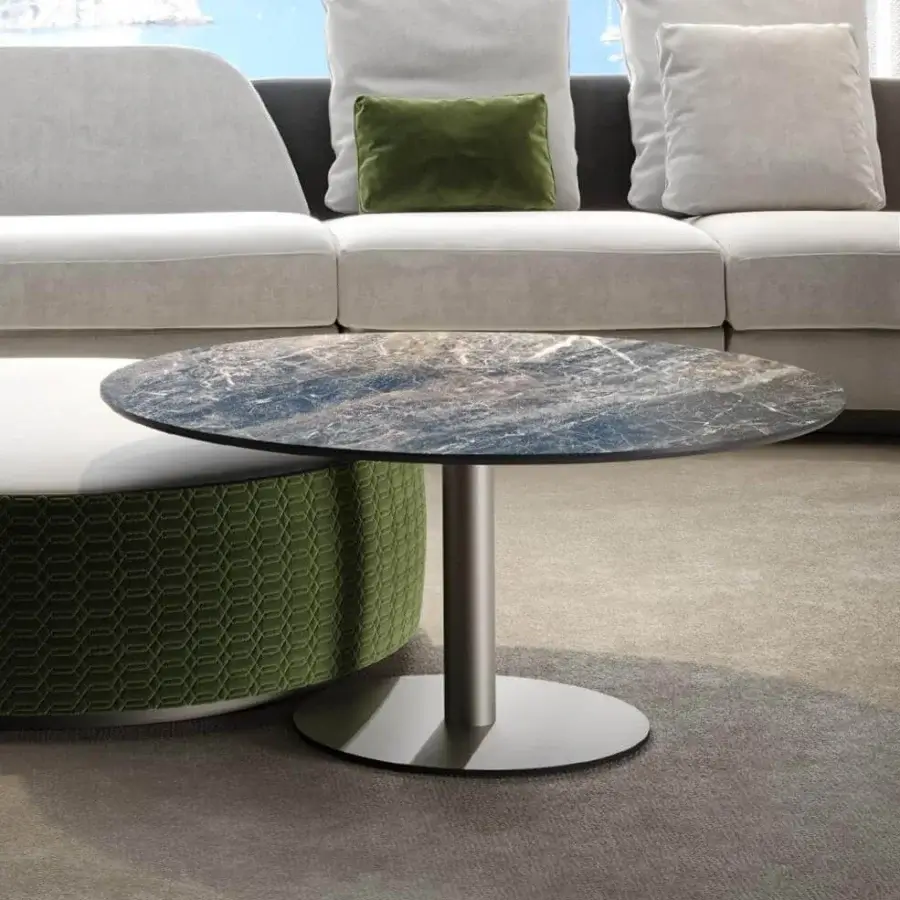 Exceptional Reflex Rondo coffee table with swirling blue, brown and white marble glass and brushed matte metal base