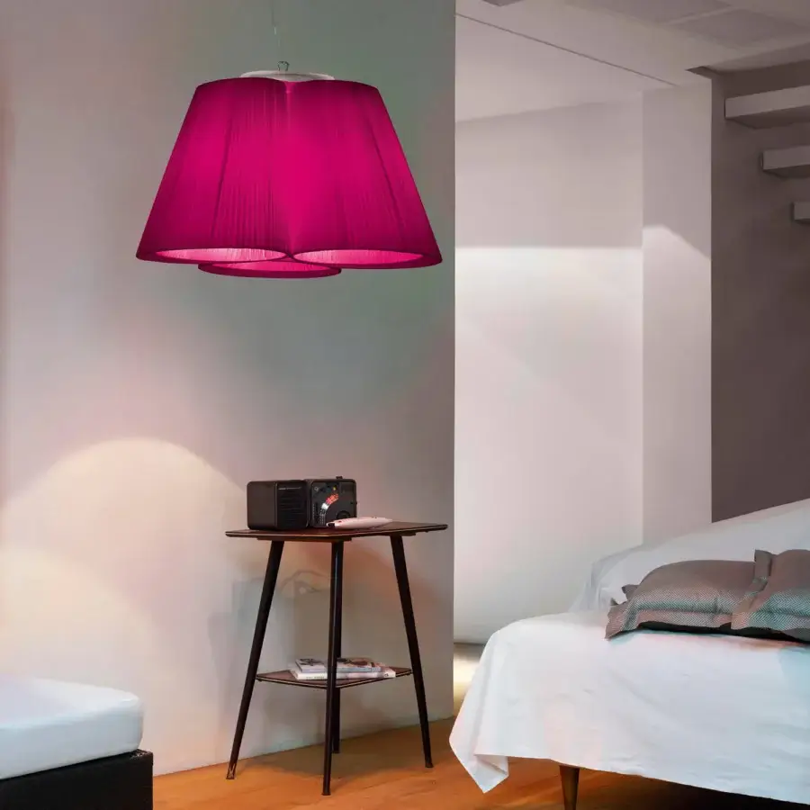 Distinguished Modo Luce Florinda suspension lamp with magenta fabric petals and silver-colored fitting crafted in a two-tiered pleated shade