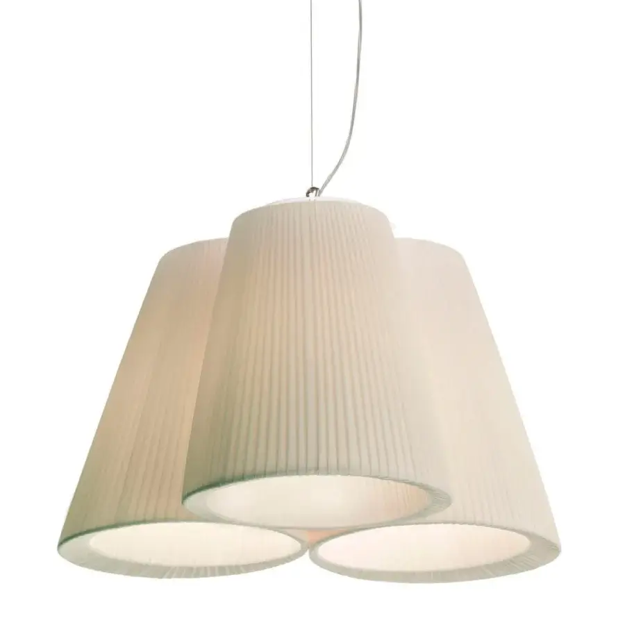 Superior Modo Luce Florinda suspension lamp with conical off-white pleated textile lampshades suspended from a thin metal cable