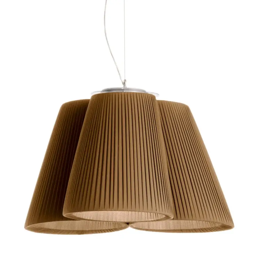 Elegant Modo Luce Florinda suspension lamp with light brown pleated textile petals and chrome finish