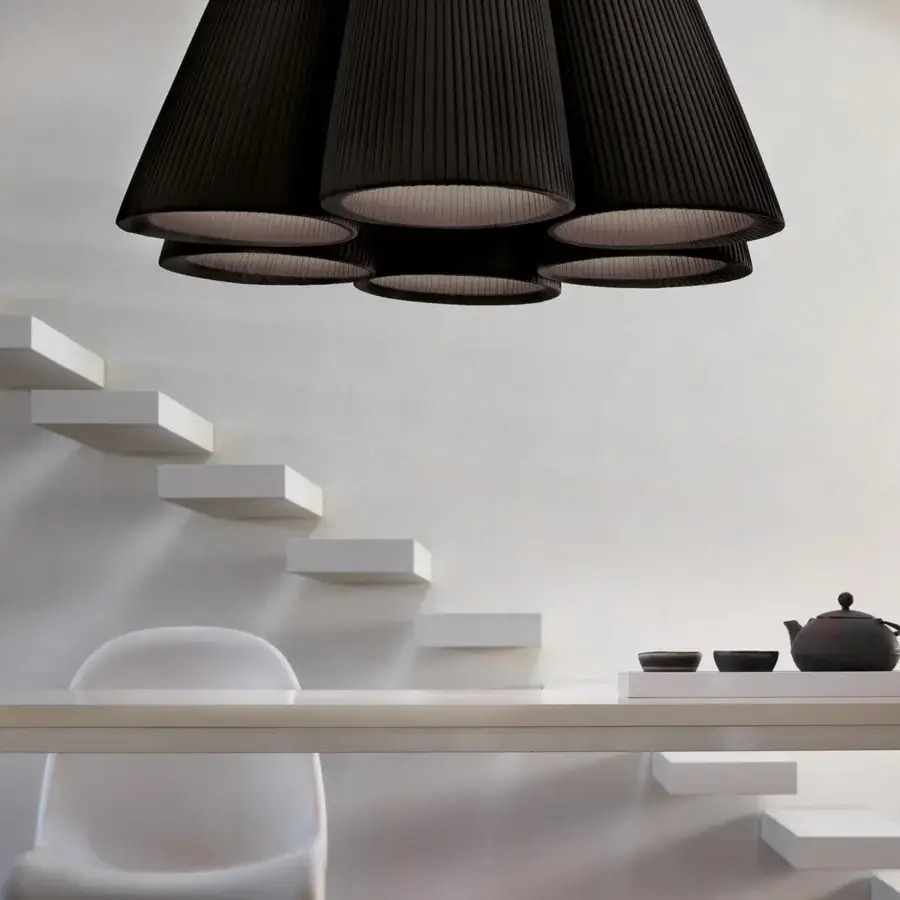 Elegant Modo Luce Florinda suspension lamp with conical lampshades crafted in matte black fabric creating a captivating bouquet of light