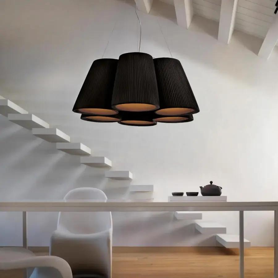 Refined Modo Luce Florinda suspension lamp with black fabric petals offering contemporary style and warm light