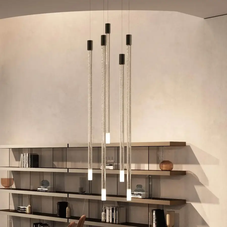 Distinguished Reflex Lucciola suspension lamp with Murano glass stem and bronze finish canopy