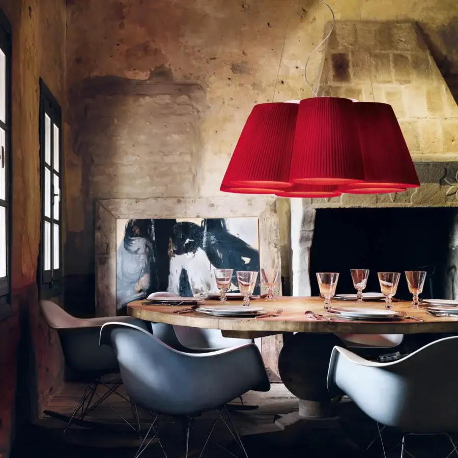 Elegant Modo Luce Florinda suspension lamp with red fabric petals and silver cables creating a cluster of conical lampshades