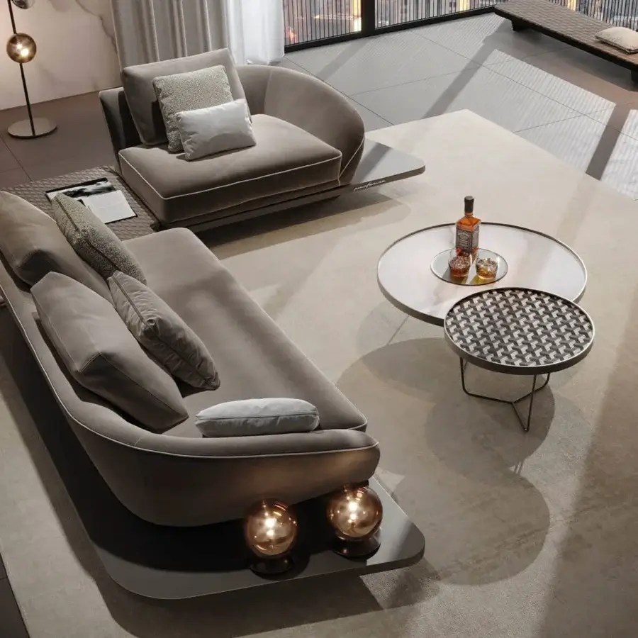 Exceptional Reflex Segno sofa with organic curves, warm gray upholstery, bronze metal legs and Canaletto Walnut platform