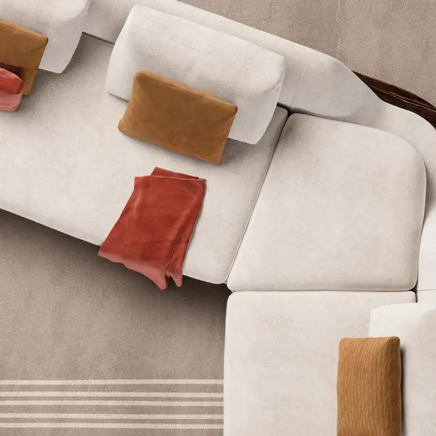 Exceptional Reflex Segno sofa with dark ash wood and light beige textile upholstery complemented by brown and reddish-brown pillows