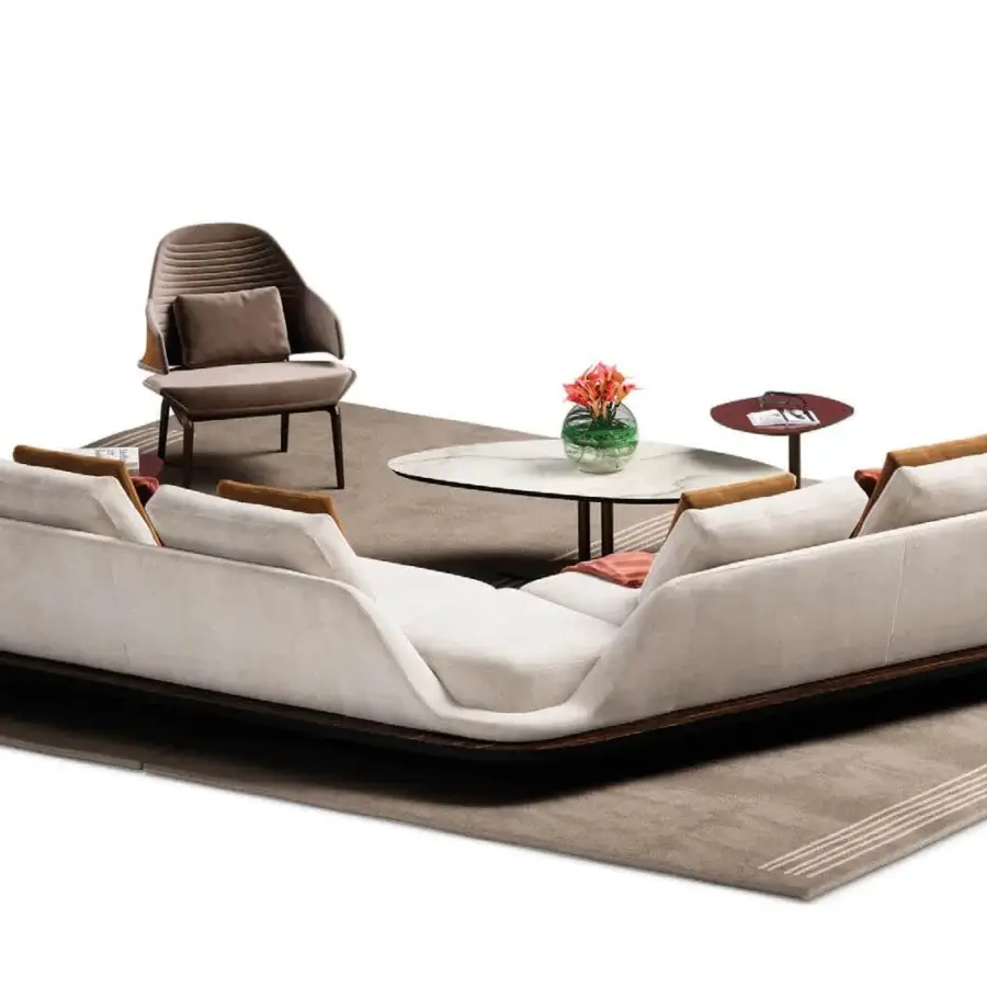 Superior Reflex Segno sofa with light cream textile upholstery, Canaletto Walnut platform and bronze finished metal legs