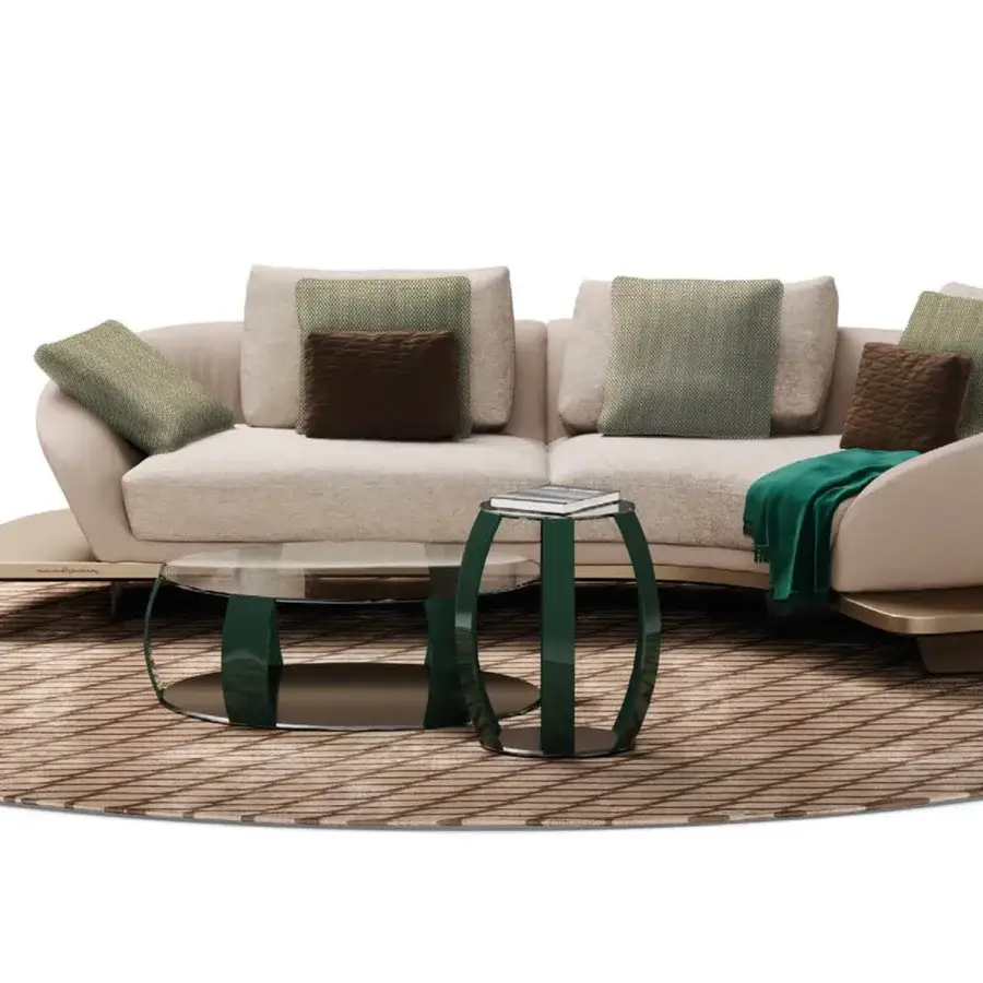 Distinguished Reflex Segno sofa with curved silhouette, light beige textile upholstery and bronze finished metal legs built with Canaletto Walnut