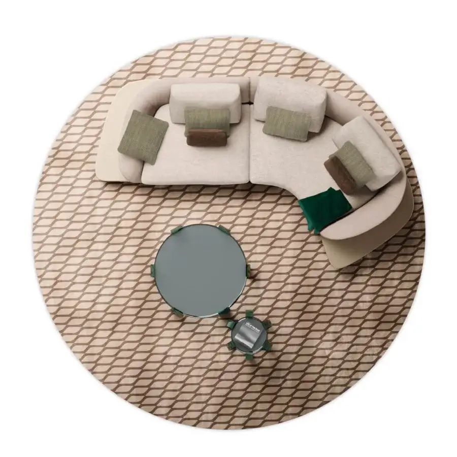 Exquisite Reflex Segno sofa with a curved sectional form, light beige textile upholstery and bronze metal legs built with Canaletto Walnut