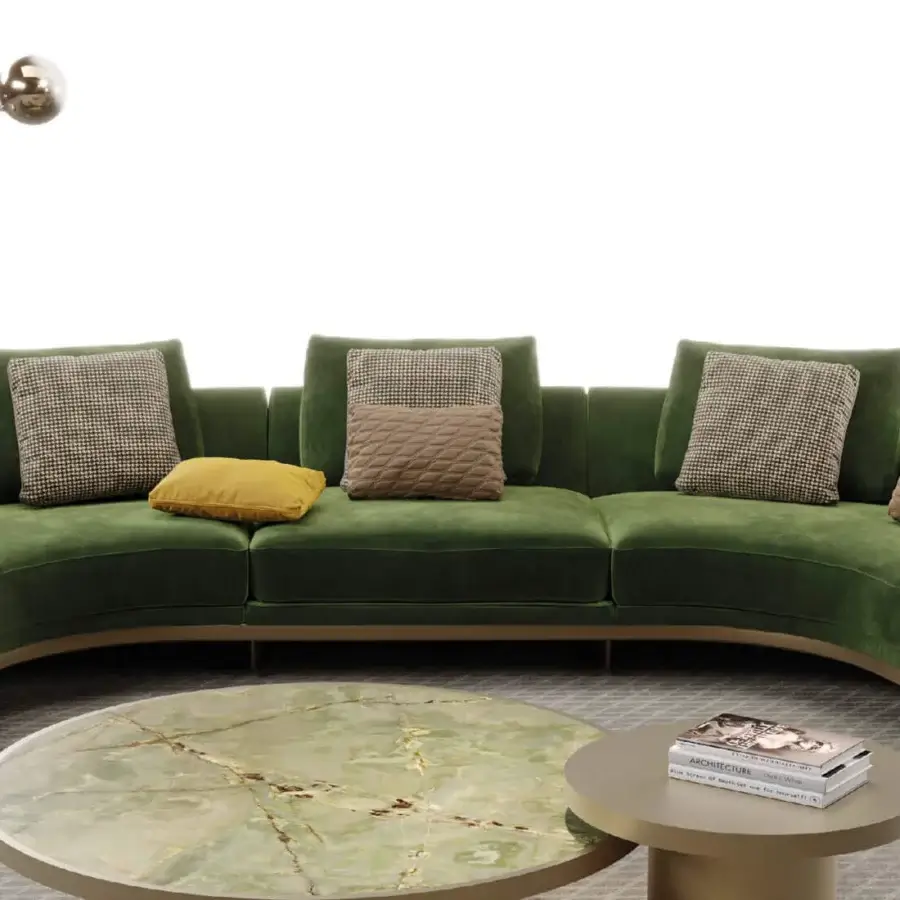 Lavish Reflex Segno sofa with a curved structure, plush green textile upholstery and Canaletto Walnut wood platform