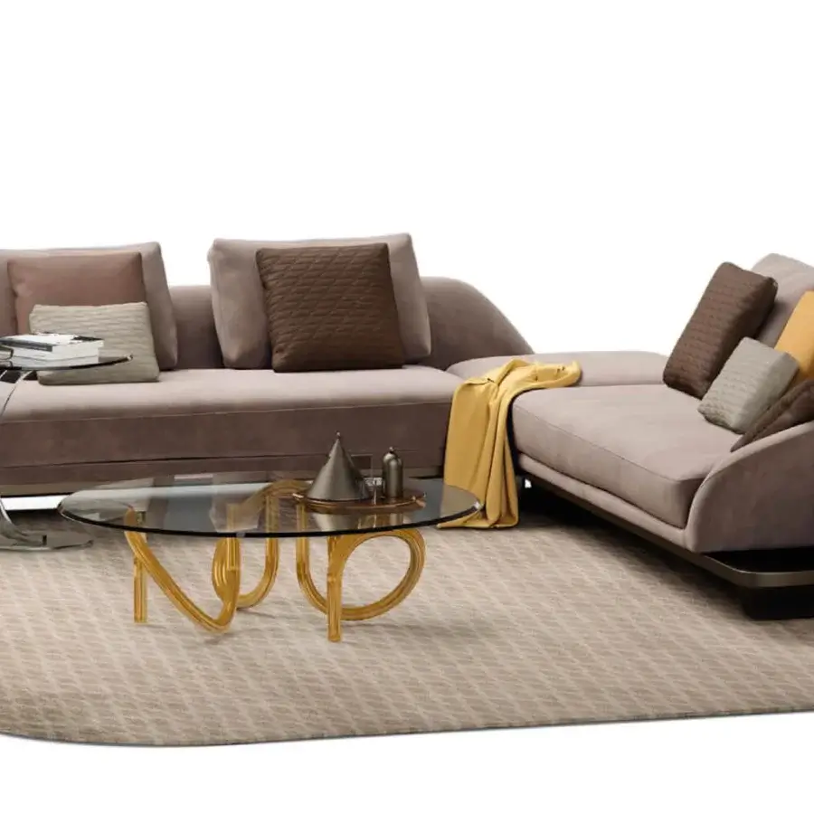 Superior Reflex Segno sofa with curved silhouette, muted taupe textile upholstery and Canaletto Walnut platform with Bronze metal legs