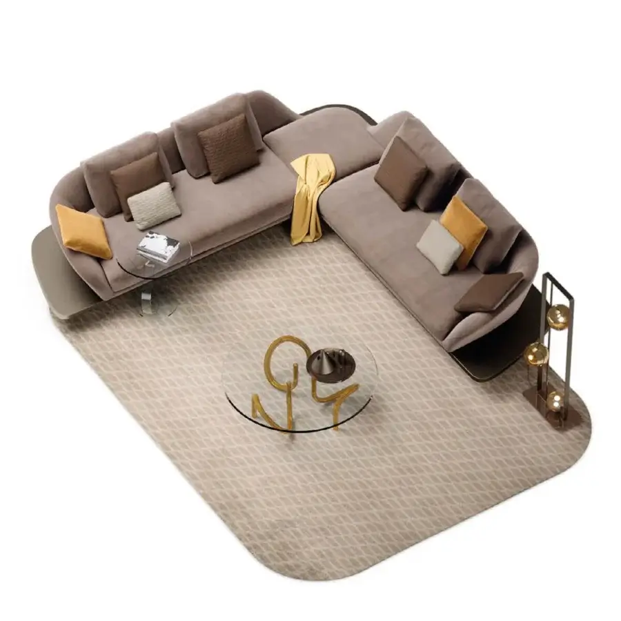 Distinguished Reflex Segno sofa with U-shaped sectional design, smooth taupe textile upholstery and Canaletto Walnut platform with bronze metal legs
