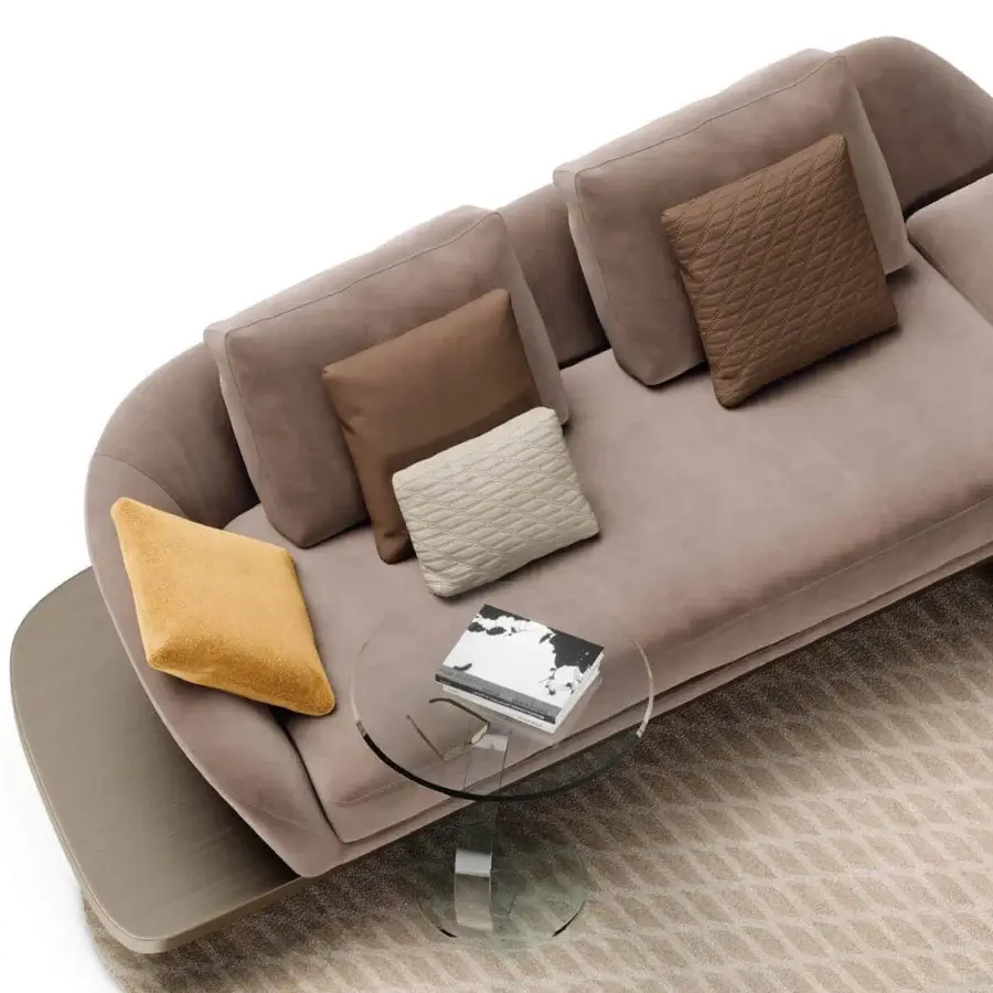 Lavish Reflex Segno sofa with curved silhouette, Canaletto Walnut and bronze finish metal legs in taupe fabric