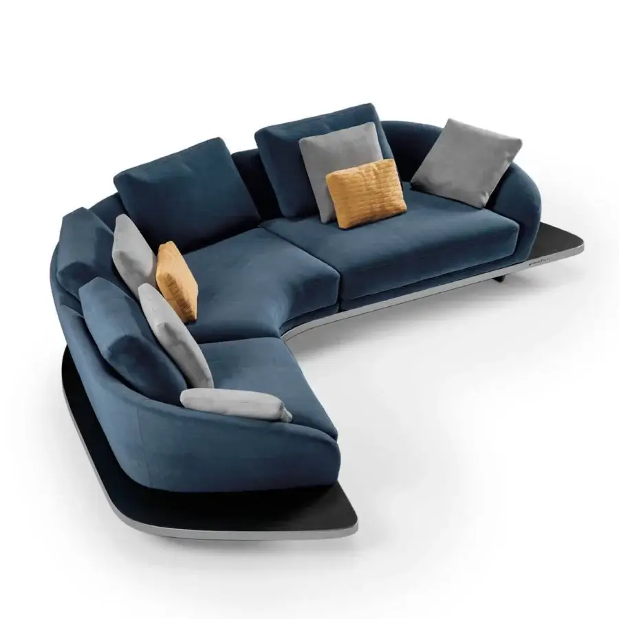 Superior Reflex Segno sofa with curved modular design, deep blue fabric upholstery and satin metal legs built with Canaletto Walnut