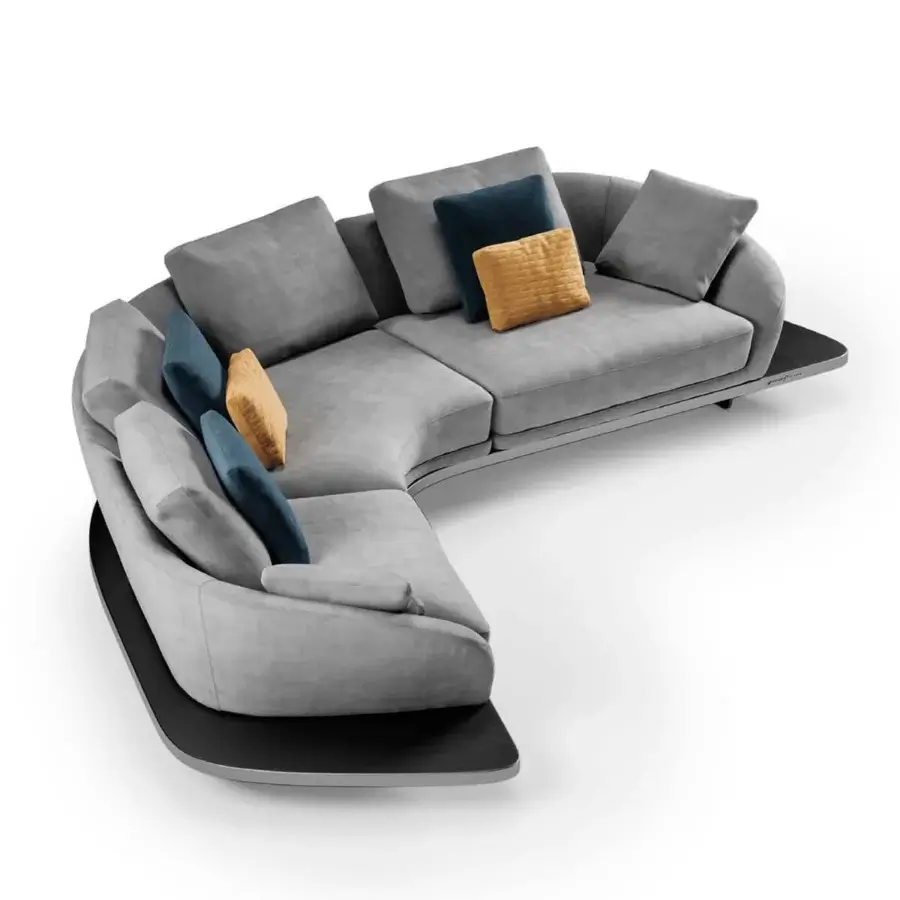 Distinguished Reflex Segno sofa with sweeping silhouette, light gray fabric upholstery and dark Canaletto Walnut platform with bronze metal legs