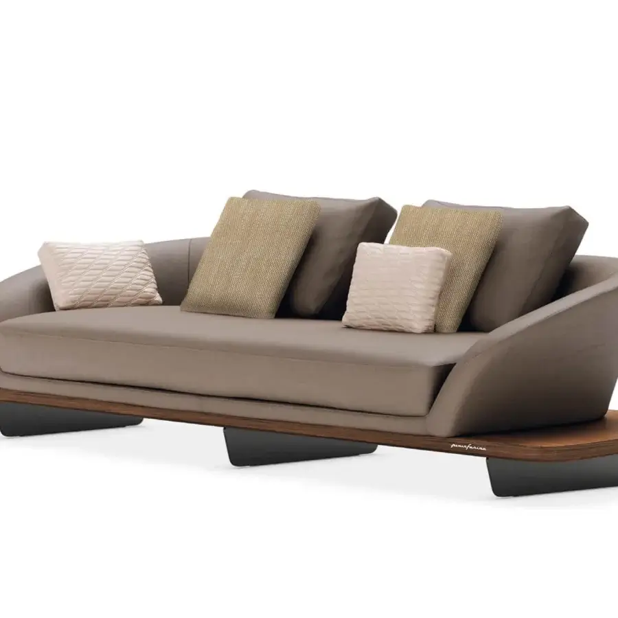 Exceptional Reflex Segno sofa with curved silhouette, muted brown upholstery and bronze metal legs built with Canaletto Walnut