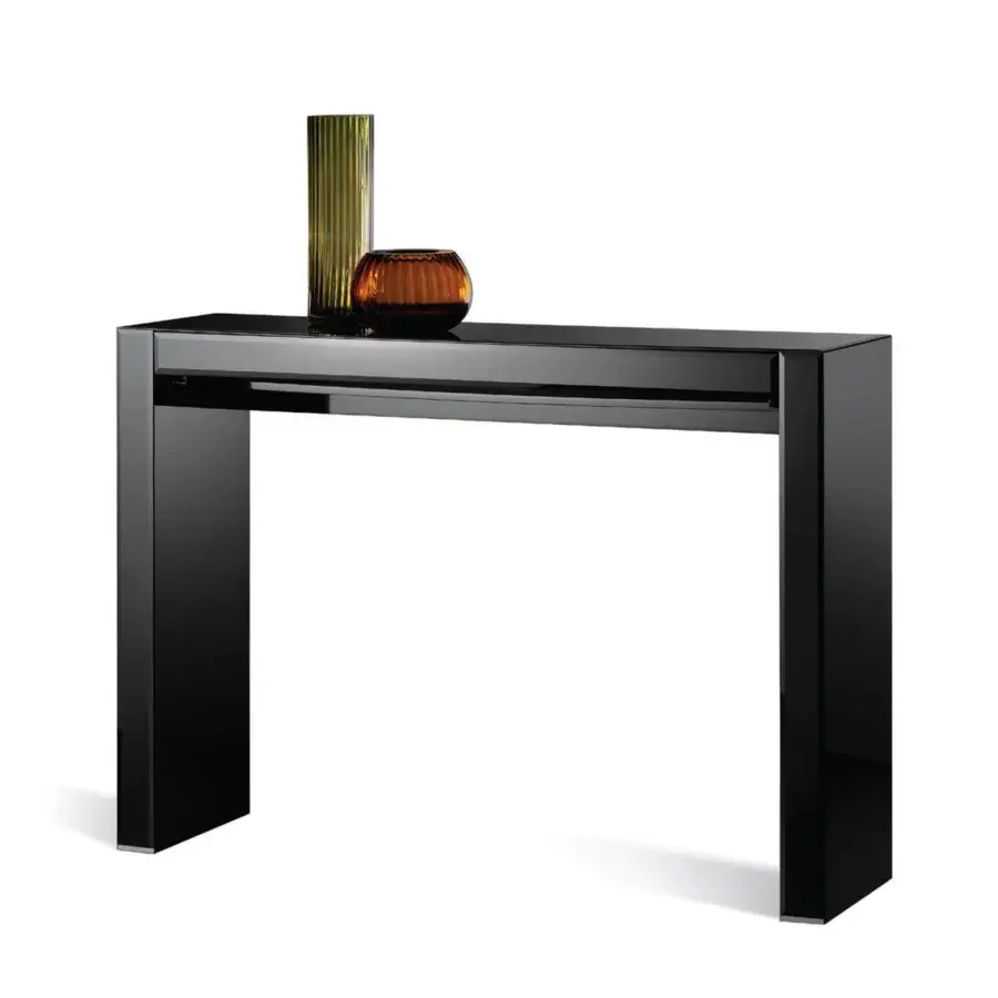 Distinguished Reflex Avantgarde console crafted in shiny black lacquered wood with bevelled lacquered glass fronts and glossy finish