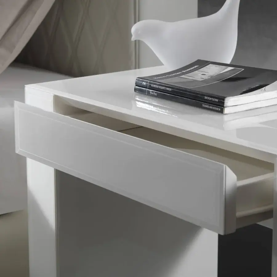 Innovative Reflex Avantgarde nightstand built in glossy white lacquered wood with bevelled lacquered glass construction
