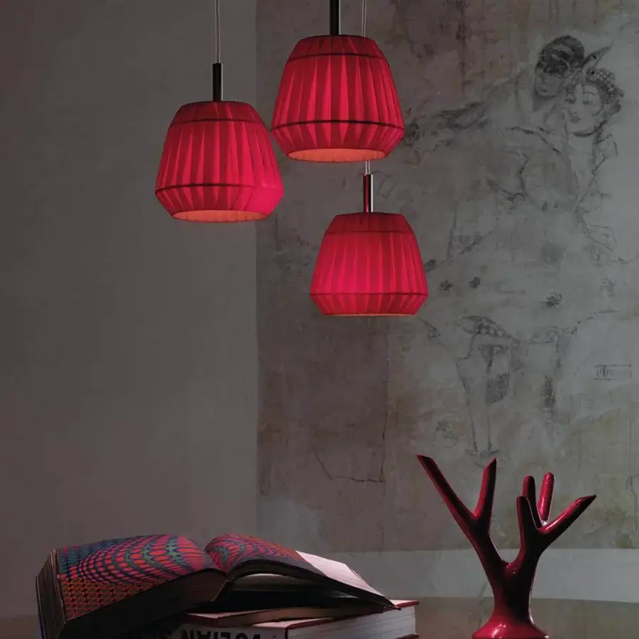 Exceptional Modo Luce Loto suspension lamp with vibrant red pleated fabric shade and glossy finish