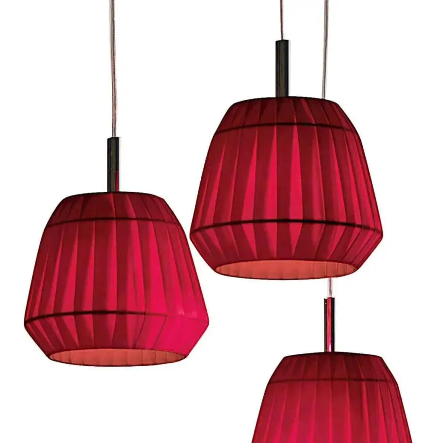 Distinguished Modo Luce Loto suspension lamp with a deep red pleated textile shade and matte metal rod construction