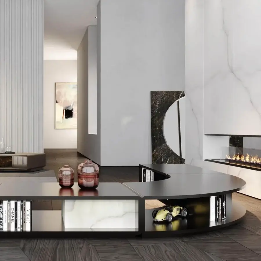 Innovative Reflex Space bookcase with wooden structure and contrasting marble-like compartments in metallic finishes
