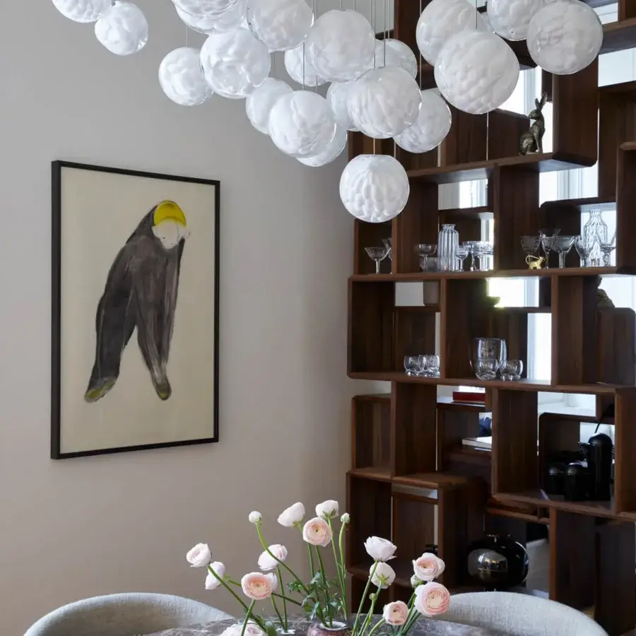 Superior Bocci 118 Random suspension lamp with white glass pendants and powder-coated canopy exhibiting feather-like impressions