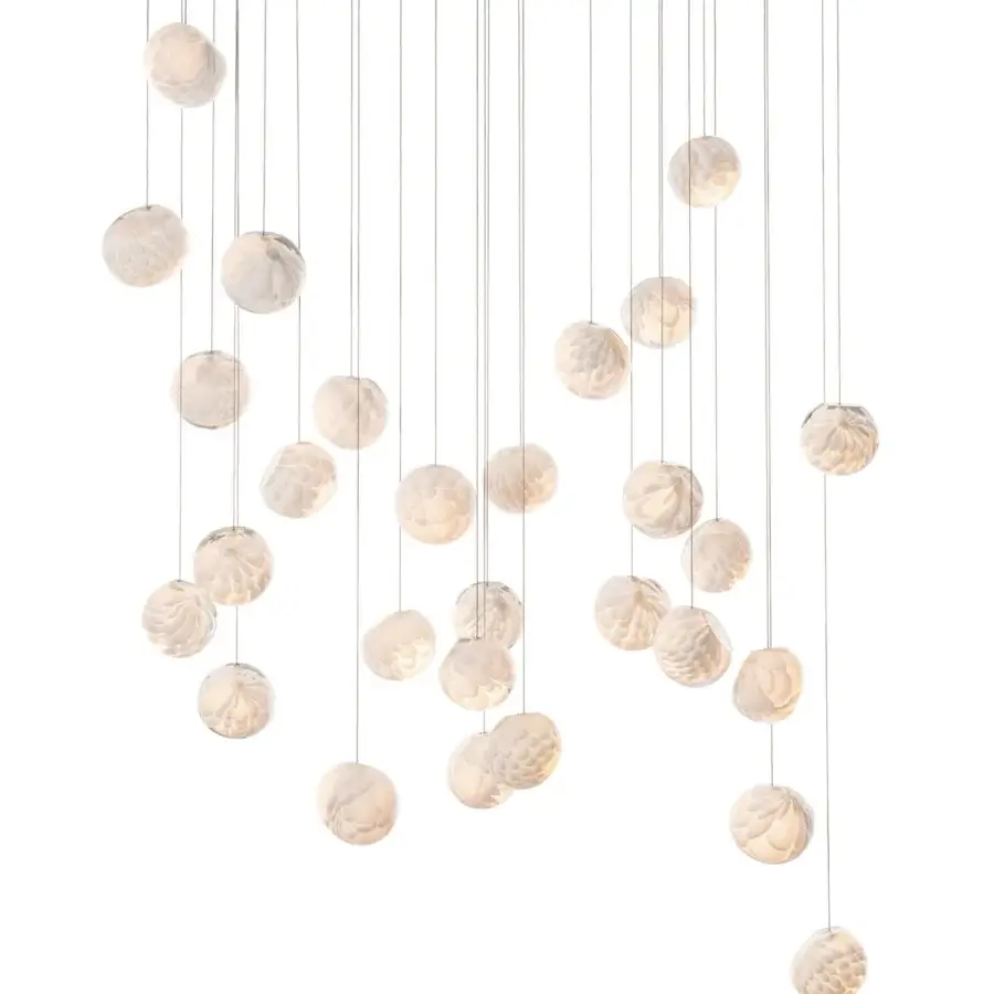 Distinguished Bocci 118 Random suspension lamp with delicate glass pendants and white powder-coated canopy revealing internal complexities