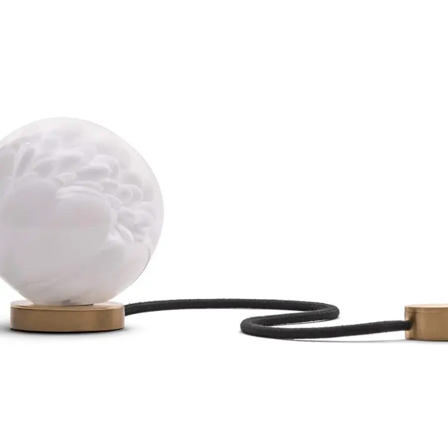 Distinguished Bocci 118 table lamp with hand-blown white opal glass forms and sleek brass cylinder built with integral dimming