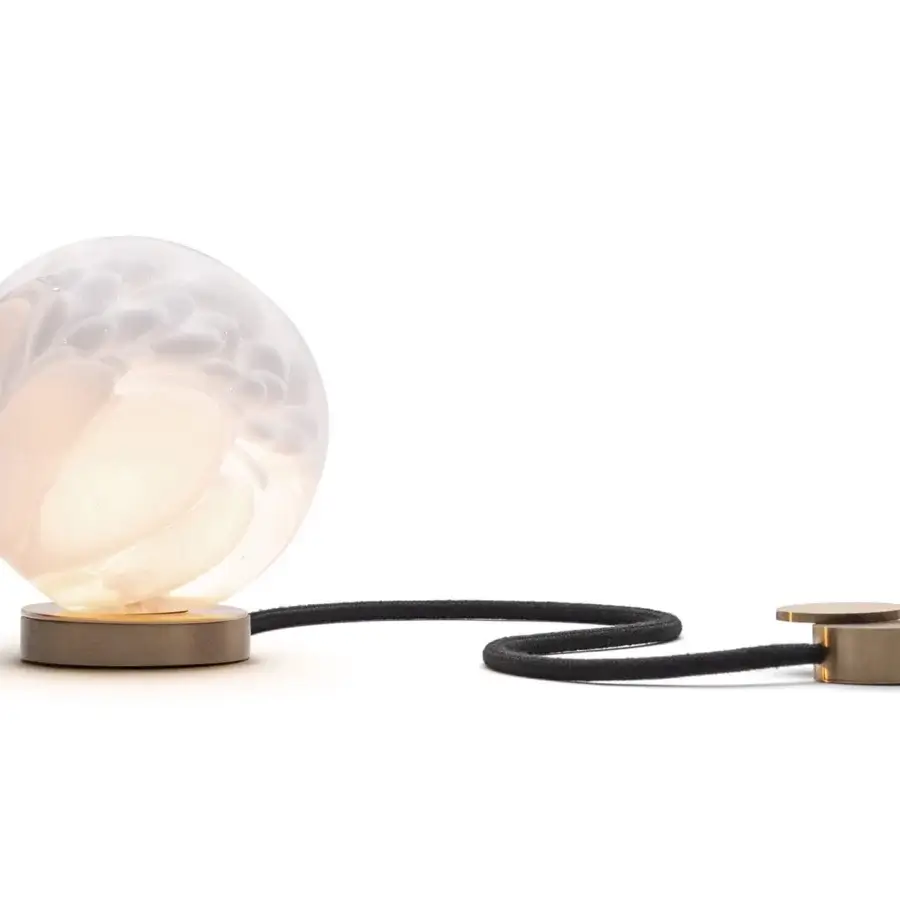 Exceptional Bocci 118 table lamp with hand-blown white opal glass forms and matte brass cylinder support