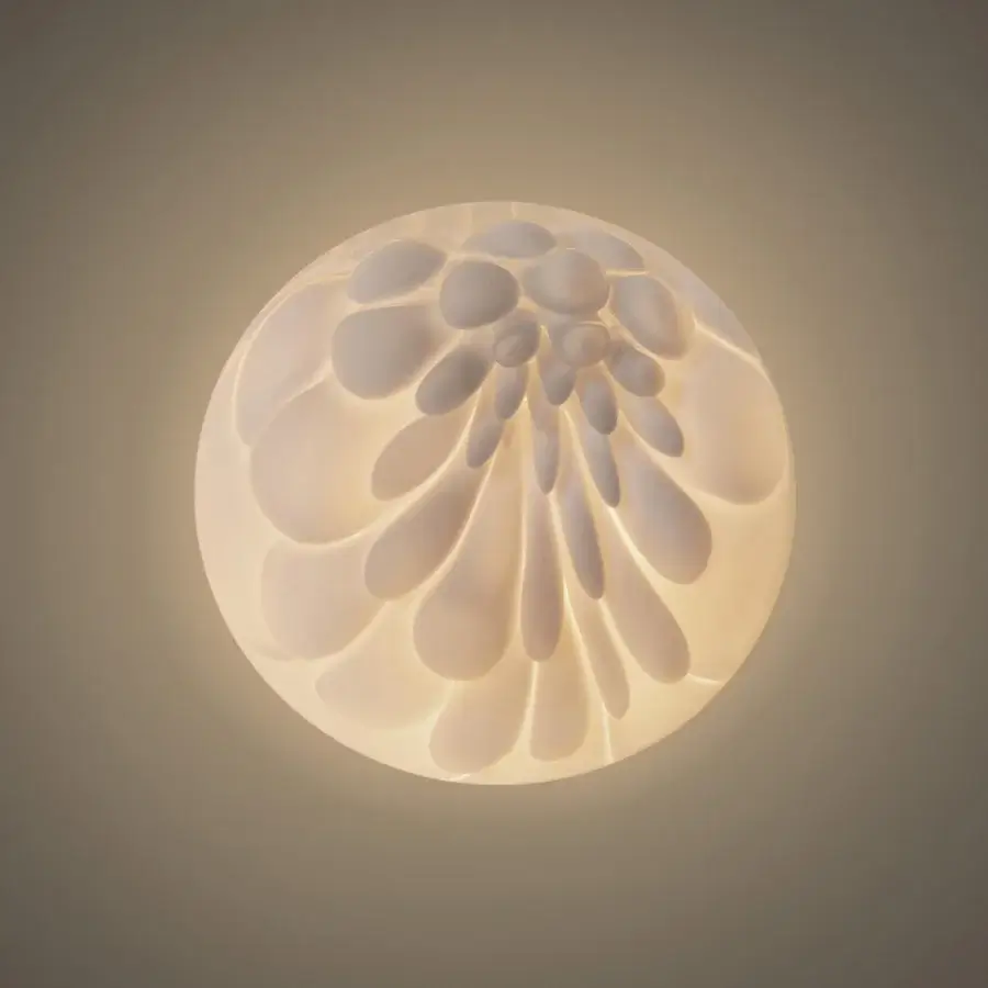 Distinguished Bocci 118 wall/ceiling lamp with dozens of feather-like forms in opal glass and refined brass finish