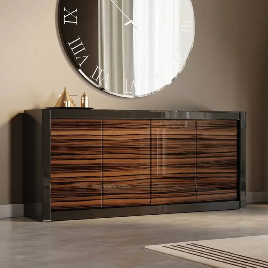 Avant-garde Reflex sideboard with horizontally-oriented doors in ebony wood and bevelled lacquered glass with glossy finish and integrated lighting